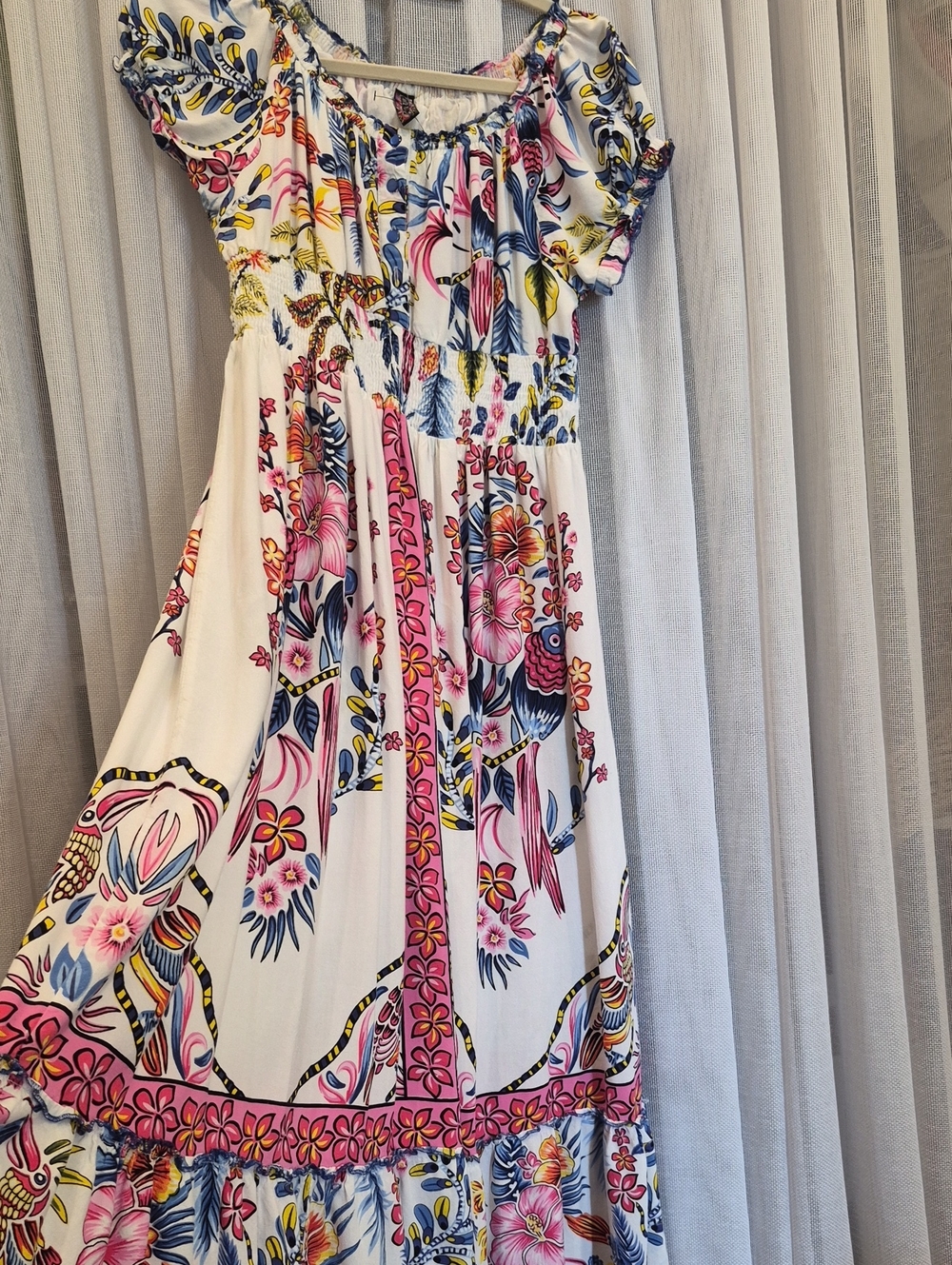 Woman White Floral Boho Maxi Dress with Pink & Blue Tropical Flowers And Birds
